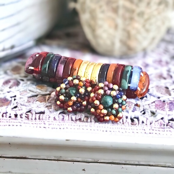 Matching Set Chunky Stretch Bracelet + Bead Cluster Clip-On Earrings - Picture 1 of 5